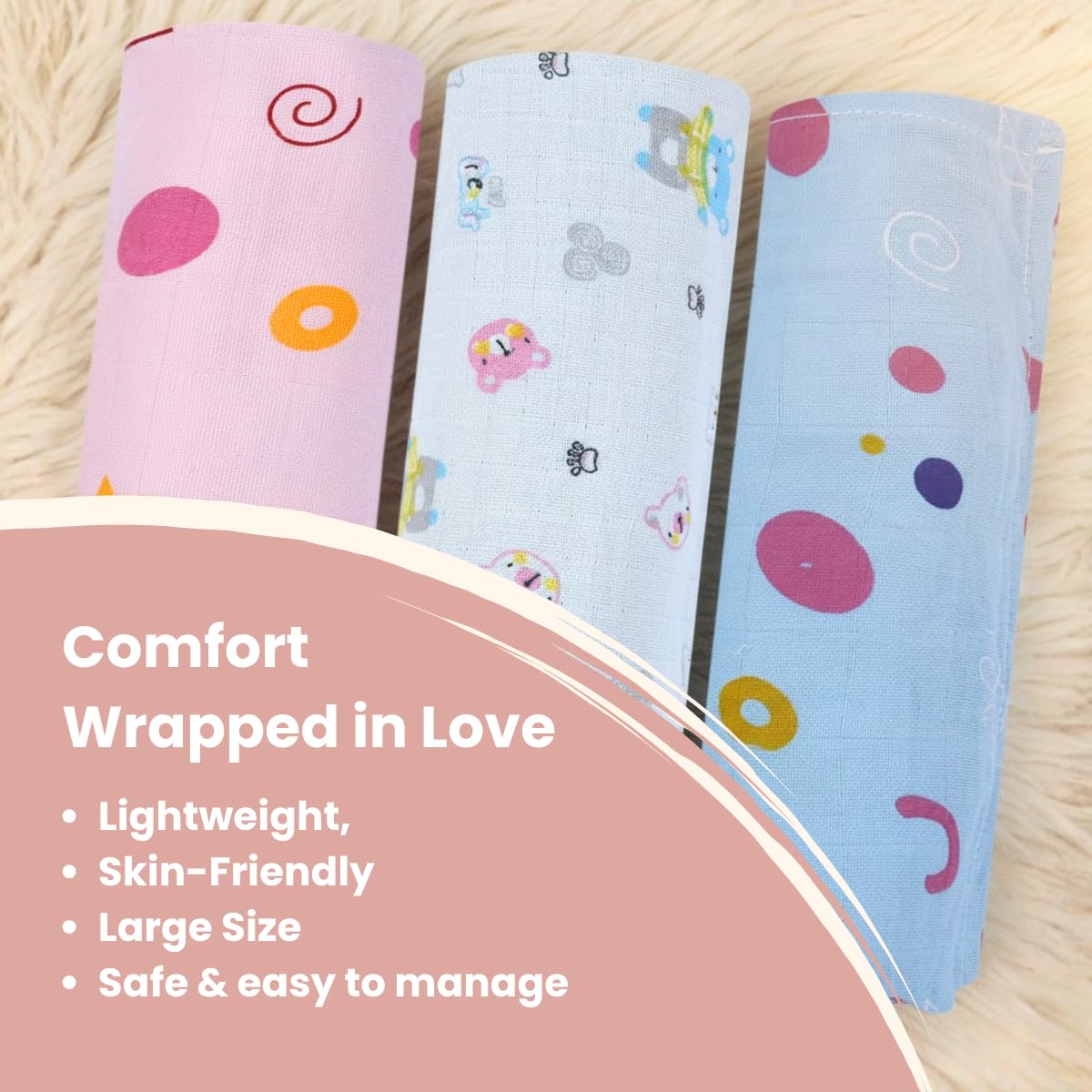 Coo Coo Baby Swaddle Wrapper (Pack of 3)100% Cotton Muslin - Image 2